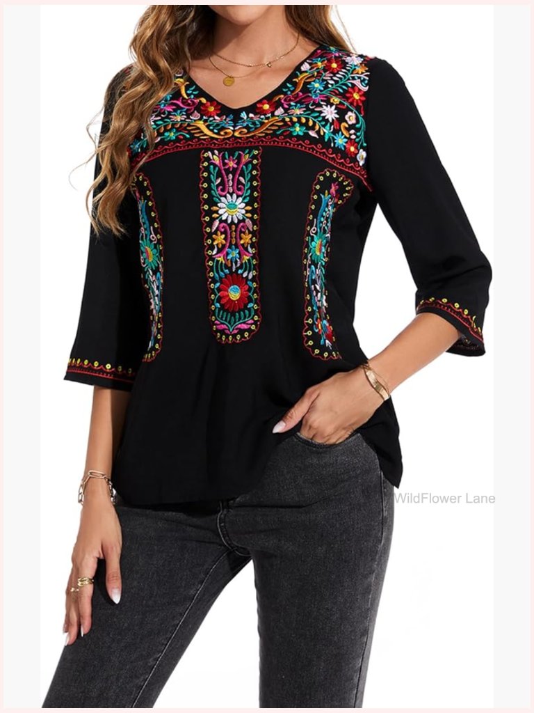 3/4 Sleeve Embroidered Boho Peasant Tunic Blouse Loose Fit